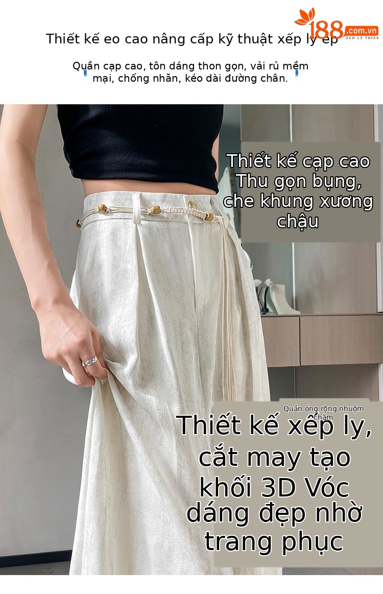 Quần culottes nữ ống rộng cạp cao chất liệu lụa mát mẻ, phong cách dáng suông dài chạm đất — Màu đen thông thường chi tiết 5