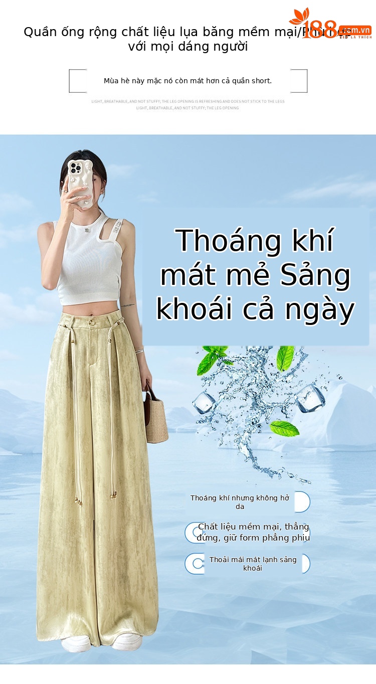 Quần culottes nữ ống rộng cạp cao chất liệu lụa mát mẻ, phong cách dáng suông dài chạm đất — Màu đen thông thường chi tiết 7