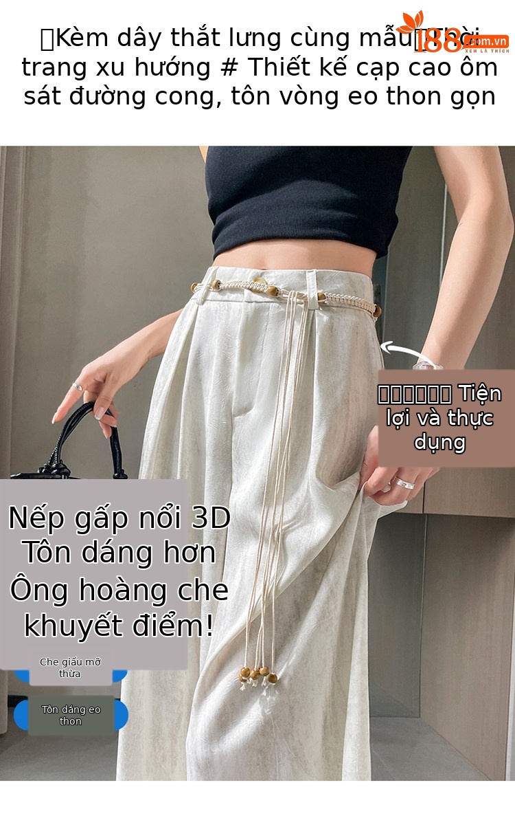 Quần culottes nữ ống rộng cạp cao chất liệu lụa mát mẻ, phong cách dáng suông dài chạm đất — Màu đen thông thường chi tiết 9