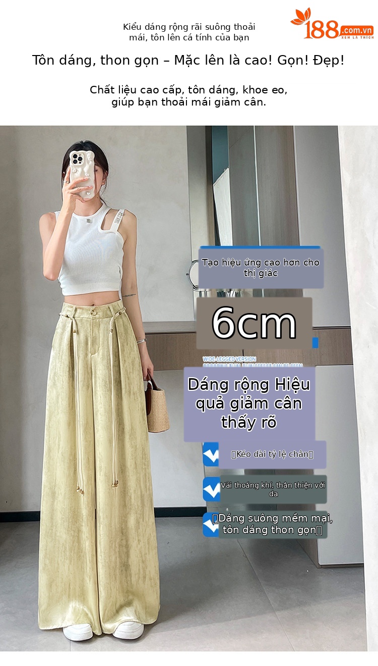 Quần culottes nữ ống rộng cạp cao chất liệu lụa mát mẻ, phong cách dáng suông dài chạm đất — Màu đen thông thường chi tiết 13