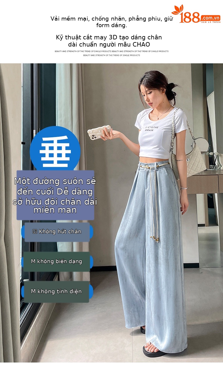 Quần culottes nữ ống rộng cạp cao chất liệu lụa mát mẻ, phong cách dáng suông dài chạm đất — Màu đen thông thường chi tiết 15