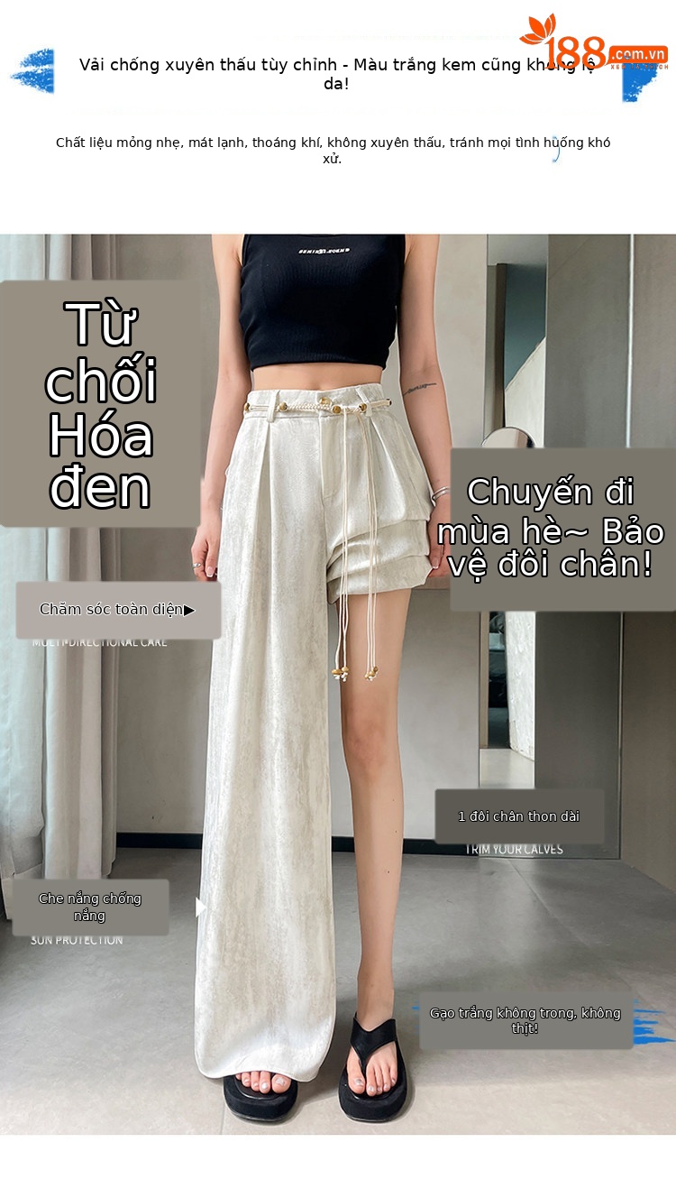Quần culottes nữ ống rộng cạp cao chất liệu lụa mát mẻ, phong cách dáng suông dài chạm đất — Màu đen thông thường chi tiết 17