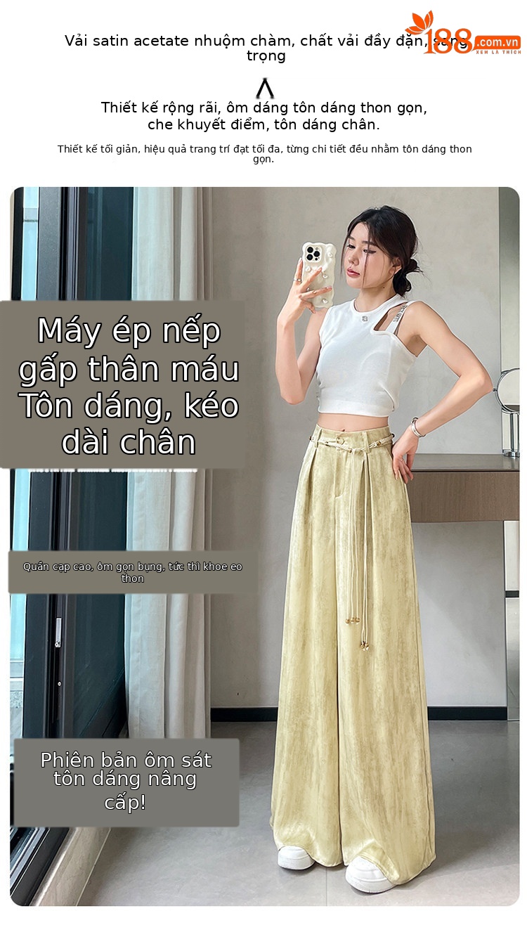 Quần culottes nữ ống rộng cạp cao chất liệu lụa mát mẻ, phong cách dáng suông dài chạm đất — Màu đen thông thường chi tiết 18