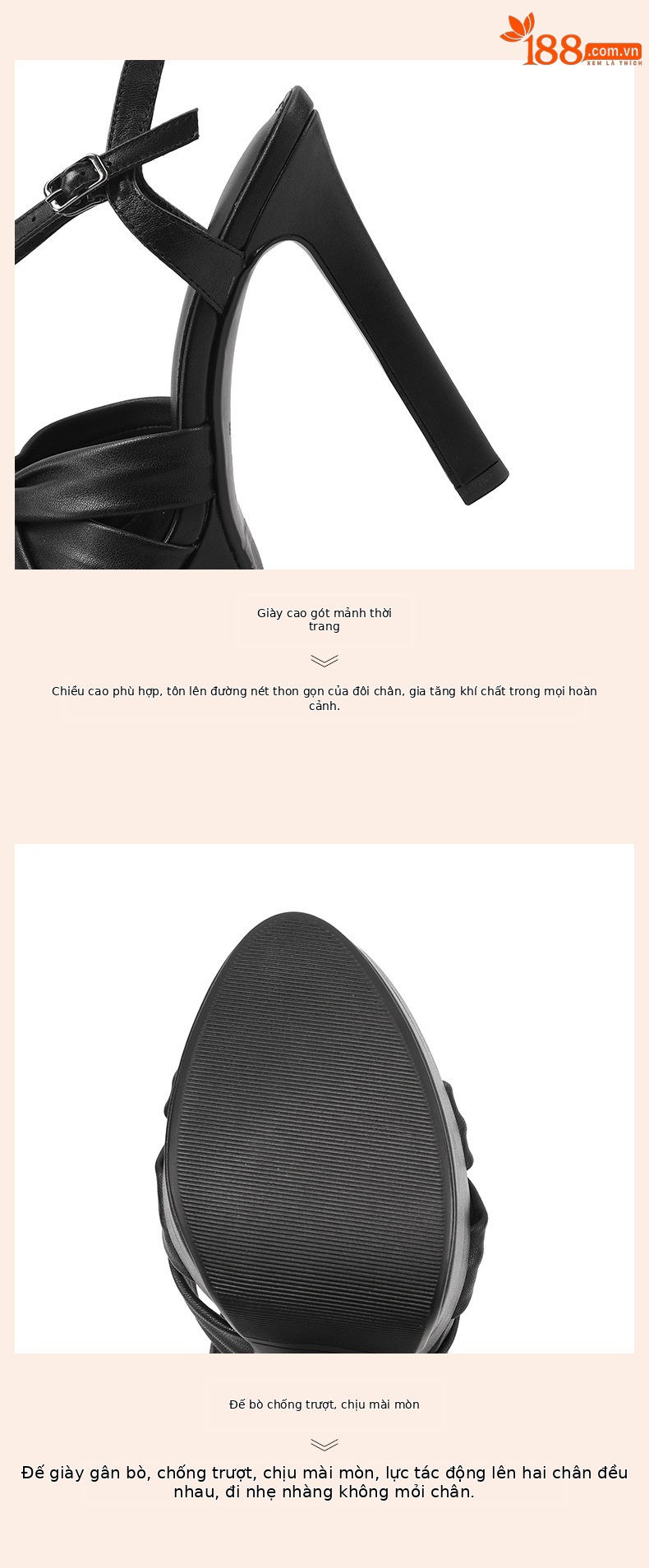Sandal cao gót nữ hở mũi quai ngang da thật gót 13 cm — đen chi tiết 4