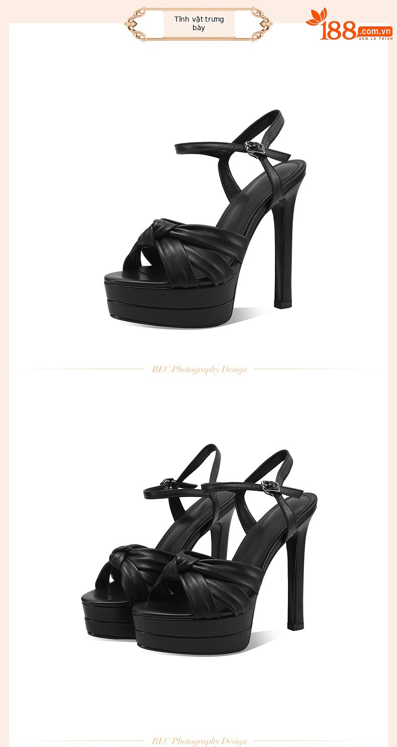 Sandal cao gót nữ hở mũi quai ngang da thật gót 13 cm — đen chi tiết 11