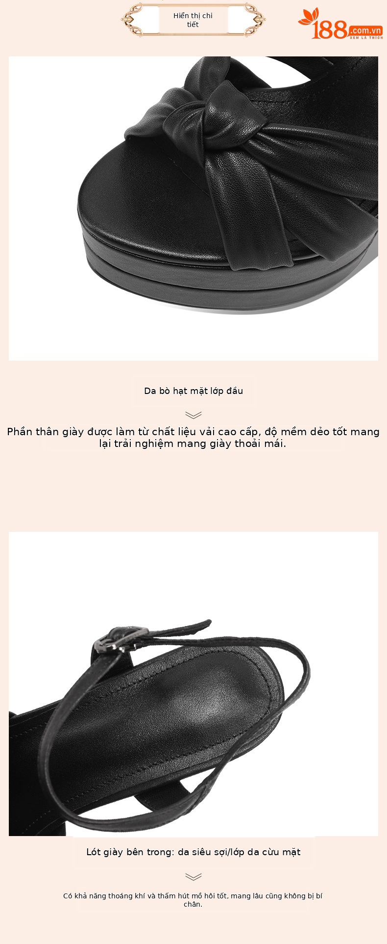 Sandal cao gót nữ hở mũi quai ngang da thật gót 13 cm — đen chi tiết 3
