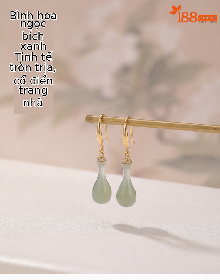 Bông tai dài bạc S925 mạ vàng đính ngọc bích thanh lịch kiểu bình hoa cổ điển — Bạc chi tiết 1