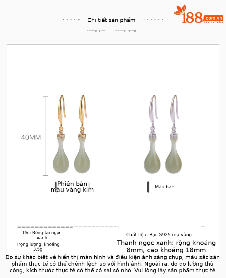Bông tai dài bạc S925 mạ vàng đính ngọc bích thanh lịch kiểu bình hoa cổ điển — Bạc chi tiết 2