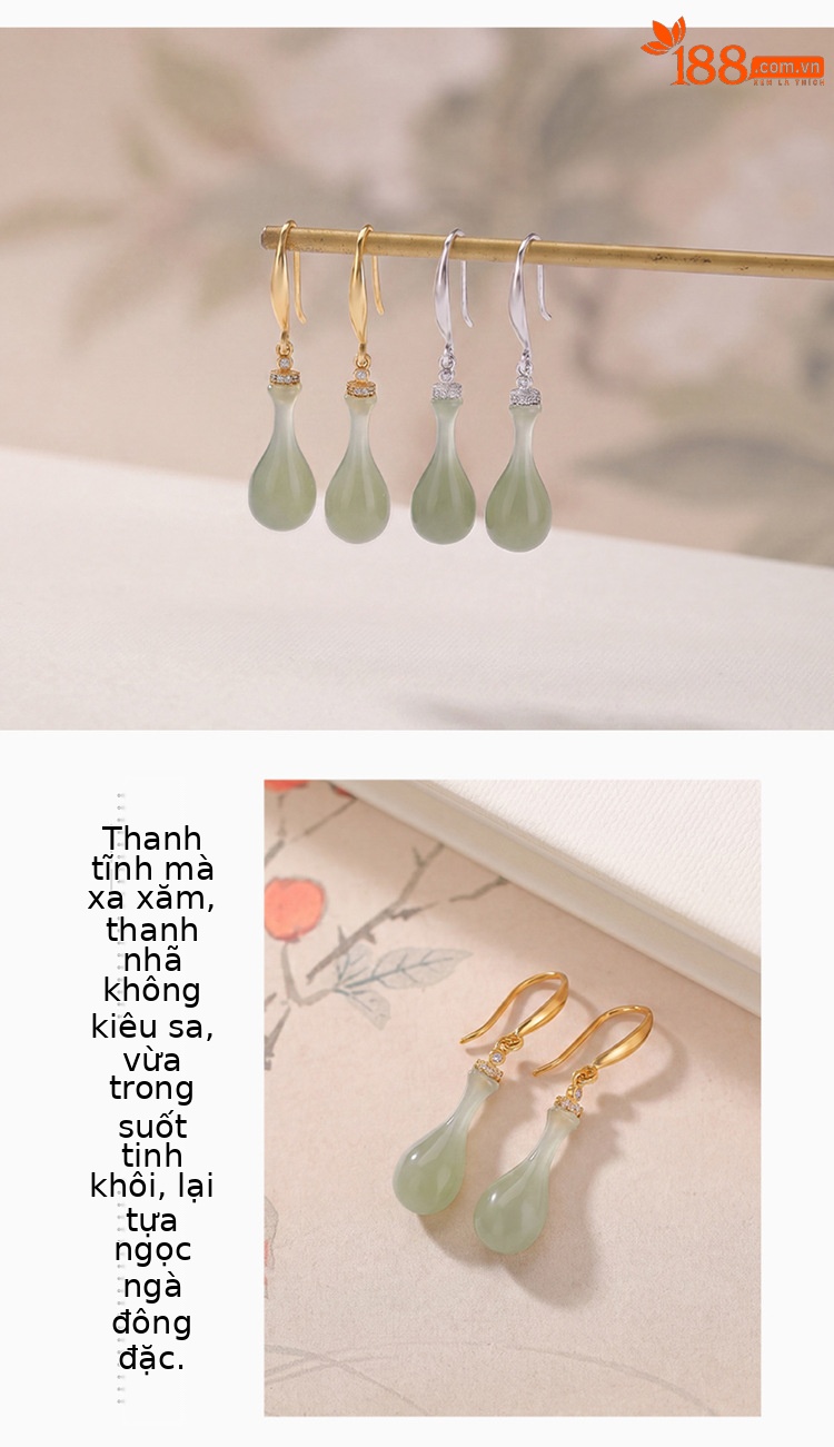 Bông tai dài bạc S925 mạ vàng đính ngọc bích thanh lịch kiểu bình hoa cổ điển — Bạc chi tiết 3