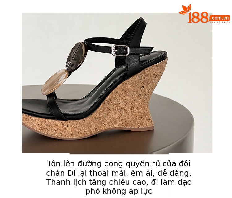 Sandal cao gót nữ phong cách cổ điển, đế xuồng platform, gót 9 cm, quai ngang kiểu La Mã — màu đen, màu trắng chi tiết 4