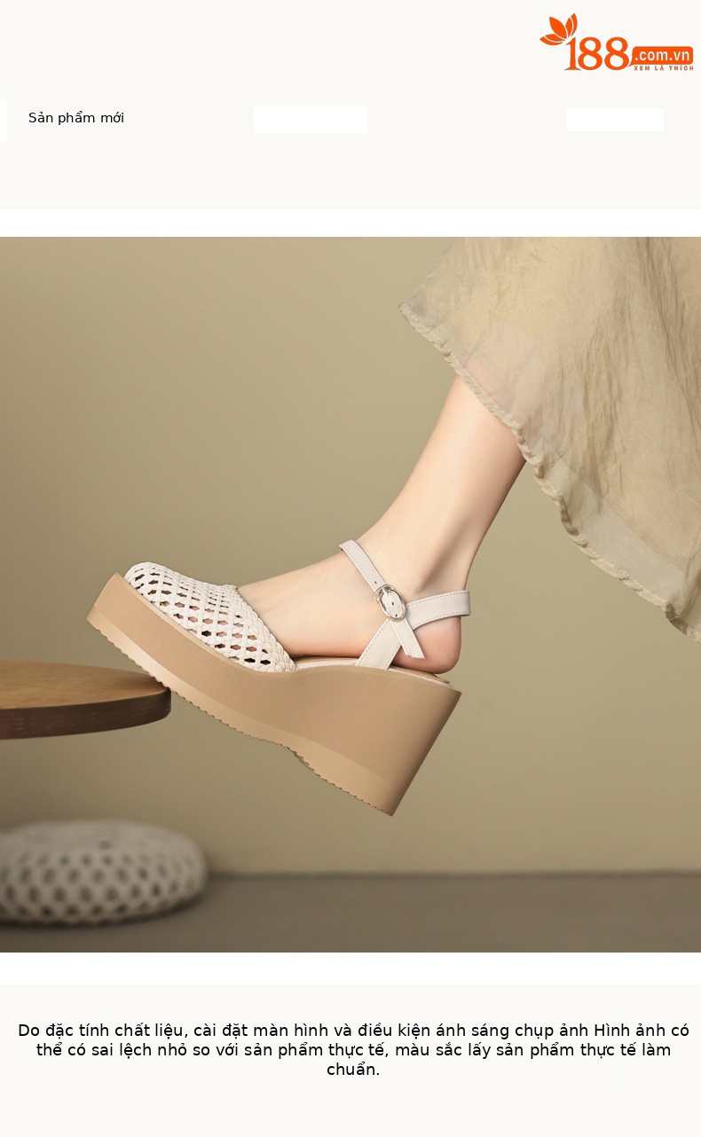 Sandal nữ da thật bít mũi đế xuồng cao gót 9 cm phong cách La Mã đan lưới — màu đen, màu trắng ngà chi tiết 1