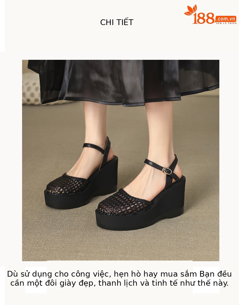 Sandal nữ da thật bít mũi đế xuồng cao gót 9 cm phong cách La Mã đan lưới — màu đen, màu trắng ngà chi tiết 2