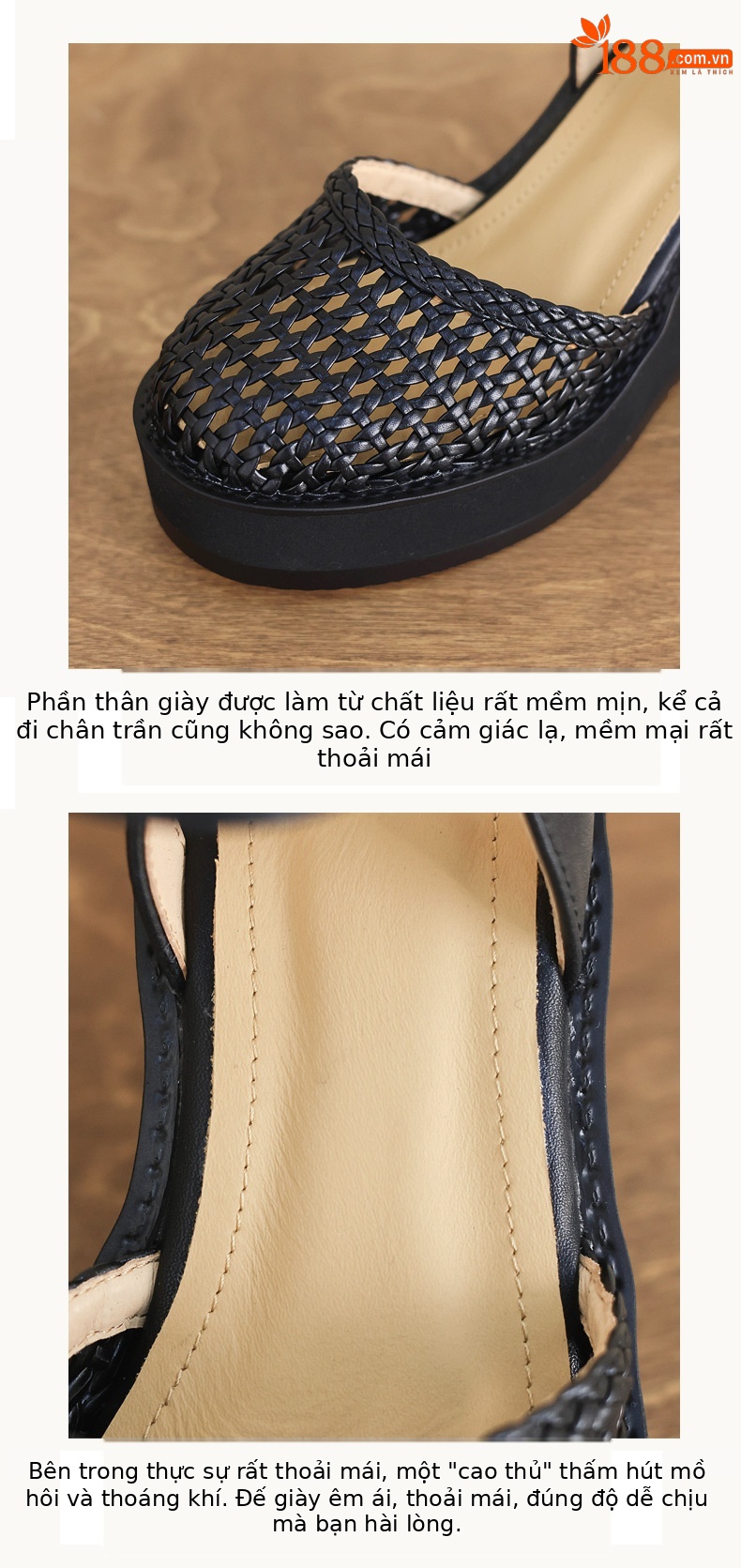 Sandal nữ da thật bít mũi đế xuồng cao gót 9 cm phong cách La Mã đan lưới — màu đen, màu trắng ngà chi tiết 3