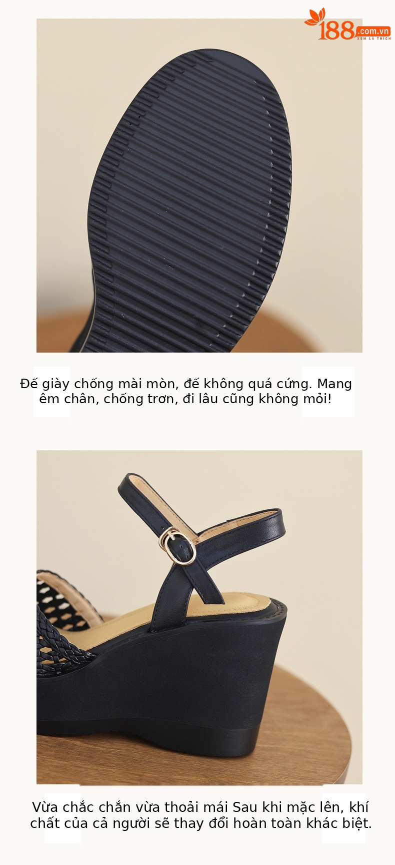 Sandal nữ da thật bít mũi đế xuồng cao gót 9 cm phong cách La Mã đan lưới — màu đen, màu trắng ngà chi tiết 4