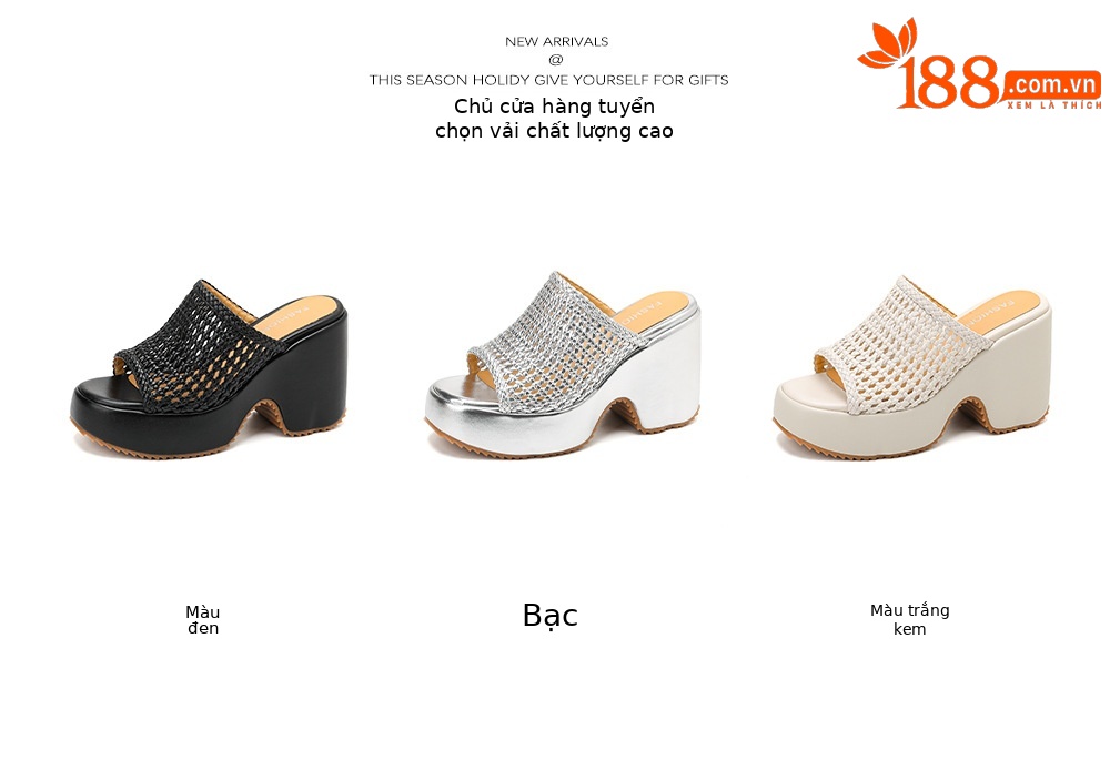 Sandal cao gót nữ hở mũi đế xuồng đan lát phong cách La Mã — màu đen, màu trắng ngà, bạc chi tiết 4