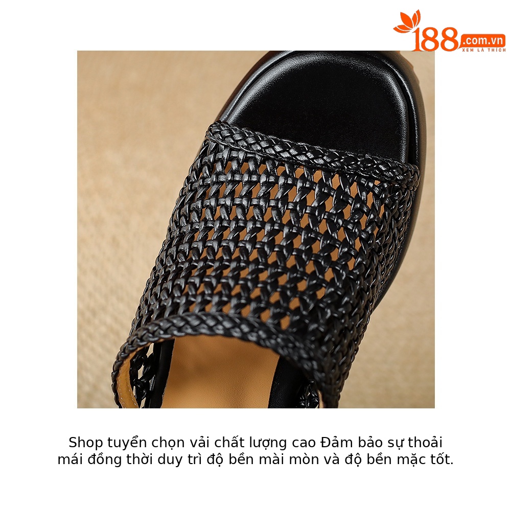 Sandal cao gót nữ hở mũi đế xuồng đan lát phong cách La Mã — màu đen, màu trắng ngà, bạc chi tiết 17