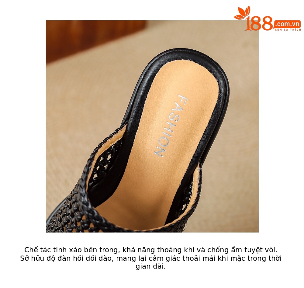 Sandal cao gót nữ hở mũi đế xuồng đan lát phong cách La Mã — màu đen, màu trắng ngà, bạc chi tiết 18