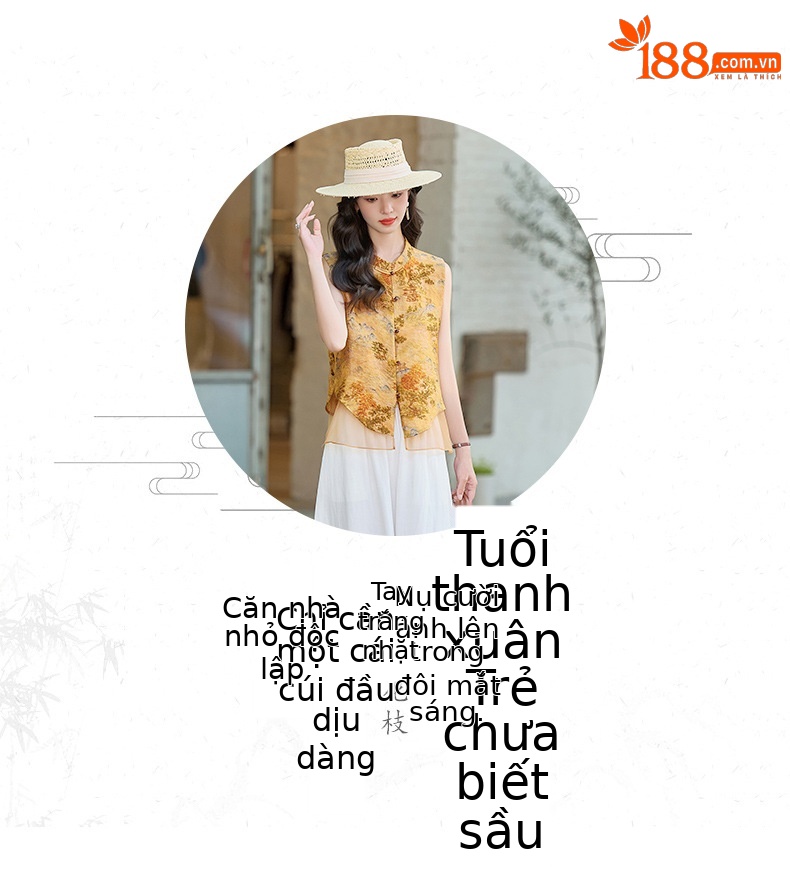 Bộ quần áo nữ hai mảnh gồm áo sơ mi cổ đứng họa tiết jacquard và quần ống đứng — Màu ảnh chi tiết 2