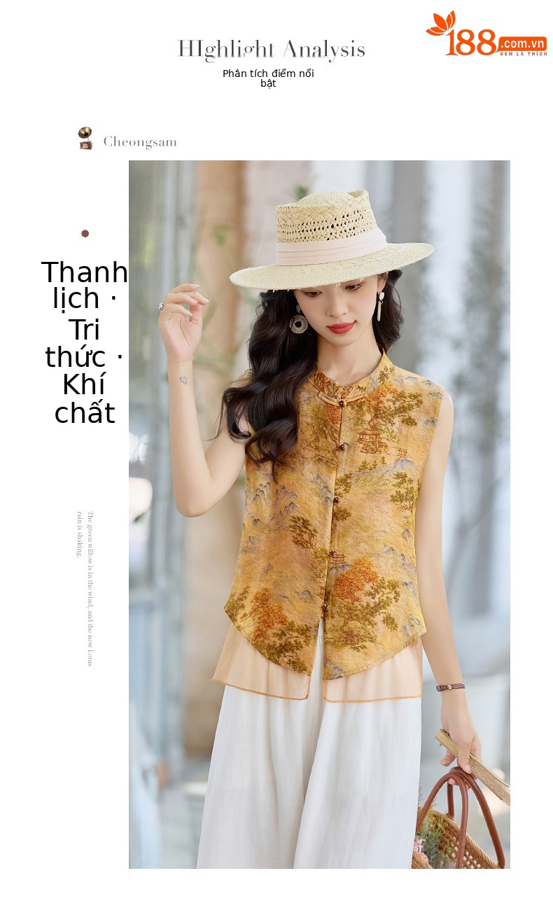 Bộ quần áo nữ hai mảnh gồm áo sơ mi cổ đứng họa tiết jacquard và quần ống đứng — Màu ảnh chi tiết 3