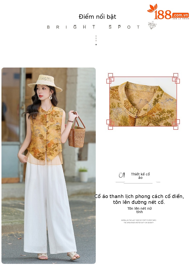 Bộ quần áo nữ hai mảnh gồm áo sơ mi cổ đứng họa tiết jacquard và quần ống đứng — Màu ảnh chi tiết 5