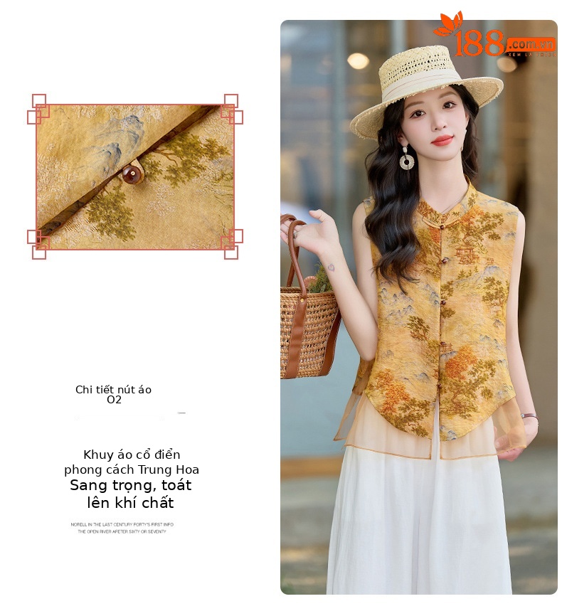 Bộ quần áo nữ hai mảnh gồm áo sơ mi cổ đứng họa tiết jacquard và quần ống đứng — Màu ảnh chi tiết 6