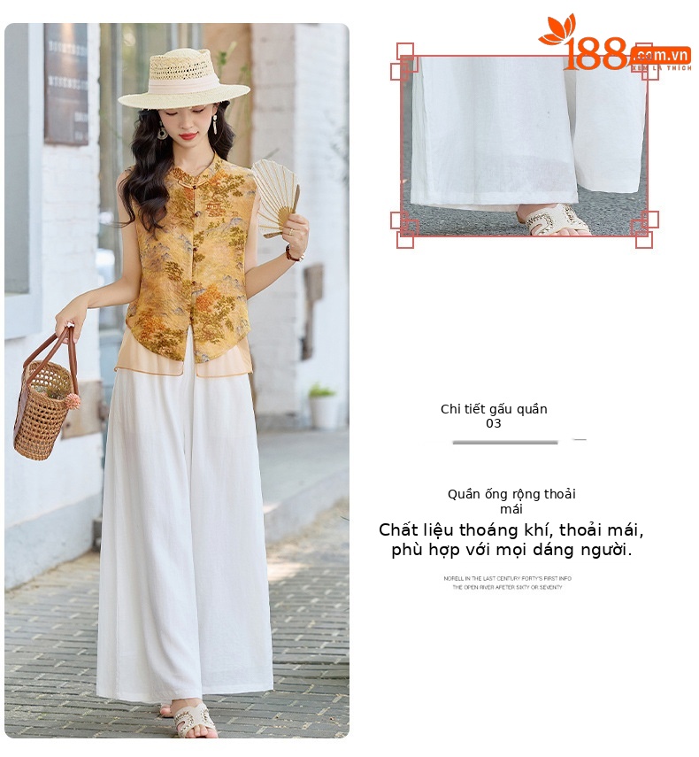 Bộ quần áo nữ hai mảnh gồm áo sơ mi cổ đứng họa tiết jacquard và quần ống đứng — Màu ảnh chi tiết 7