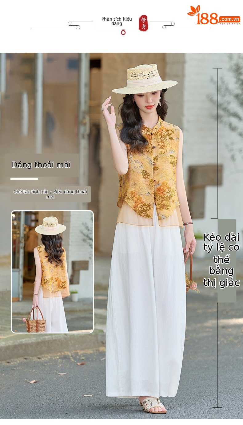 Bộ quần áo nữ hai mảnh gồm áo sơ mi cổ đứng họa tiết jacquard và quần ống đứng — Màu ảnh chi tiết 8