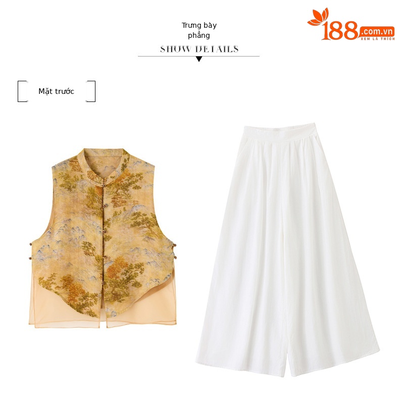 Bộ quần áo nữ hai mảnh gồm áo sơ mi cổ đứng họa tiết jacquard và quần ống đứng — Màu ảnh chi tiết 22