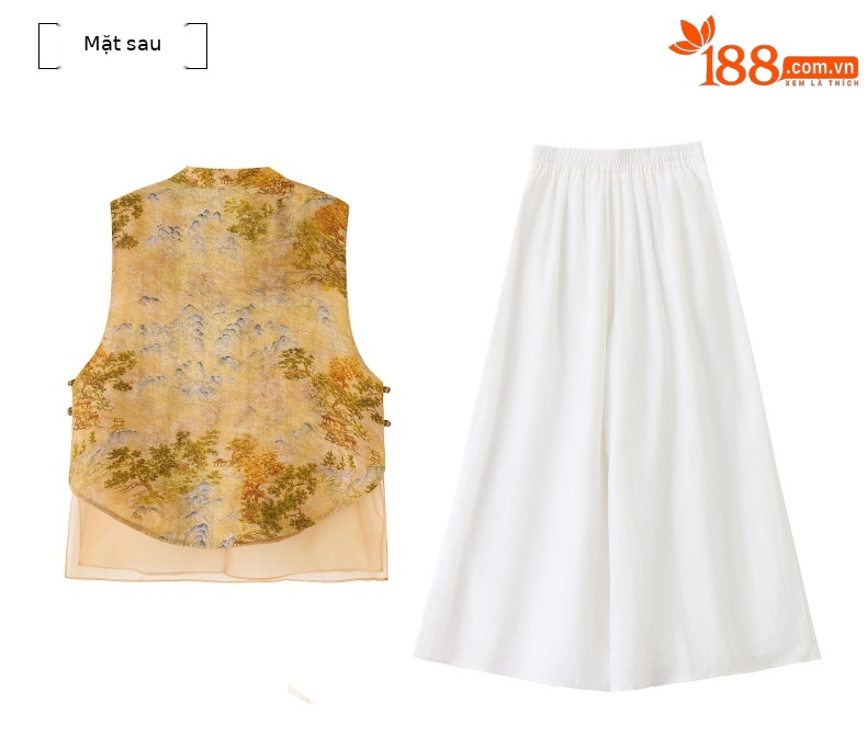 Bộ quần áo nữ hai mảnh gồm áo sơ mi cổ đứng họa tiết jacquard và quần ống đứng — Màu ảnh chi tiết 23