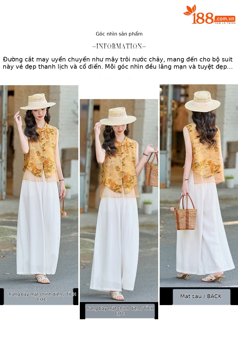 Bộ quần áo nữ hai mảnh gồm áo sơ mi cổ đứng họa tiết jacquard và quần ống đứng — Màu ảnh chi tiết 4