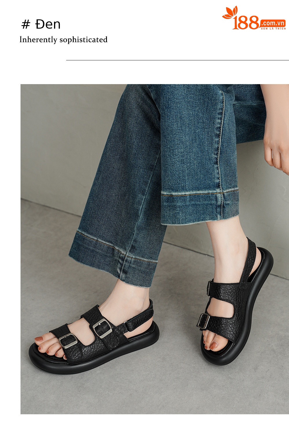 Sandal nữ quai ngang đế bệt da cừu lộ ngón chân phong cách đơn giản — đen chi tiết 6