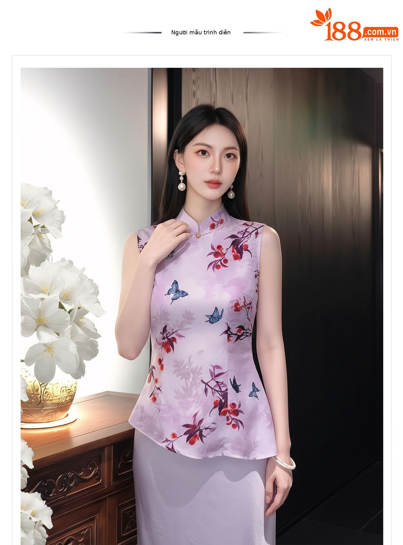 Áo gile nữ cổ đứng không tay họa tiết thêu hoa văn quốc phong — màu tím chi tiết 1