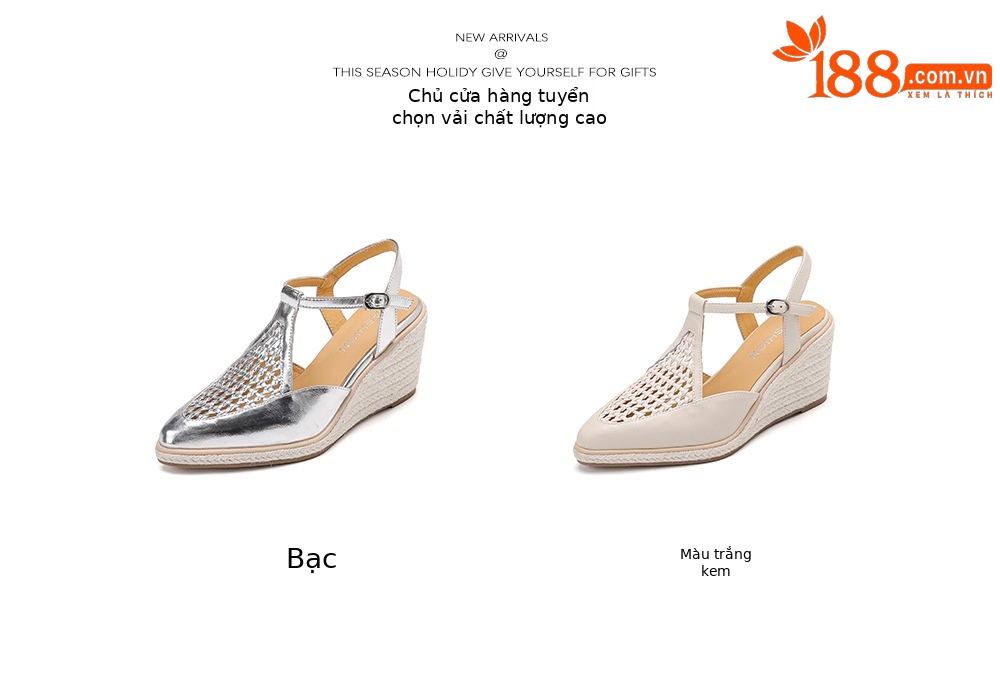 Sandal cao gót nữ hở mũi đế xuồng đan rơm, quai chữ T kiểu La Mã, gót 7.5 cm — màu trắng ngà, bạc chi tiết 4