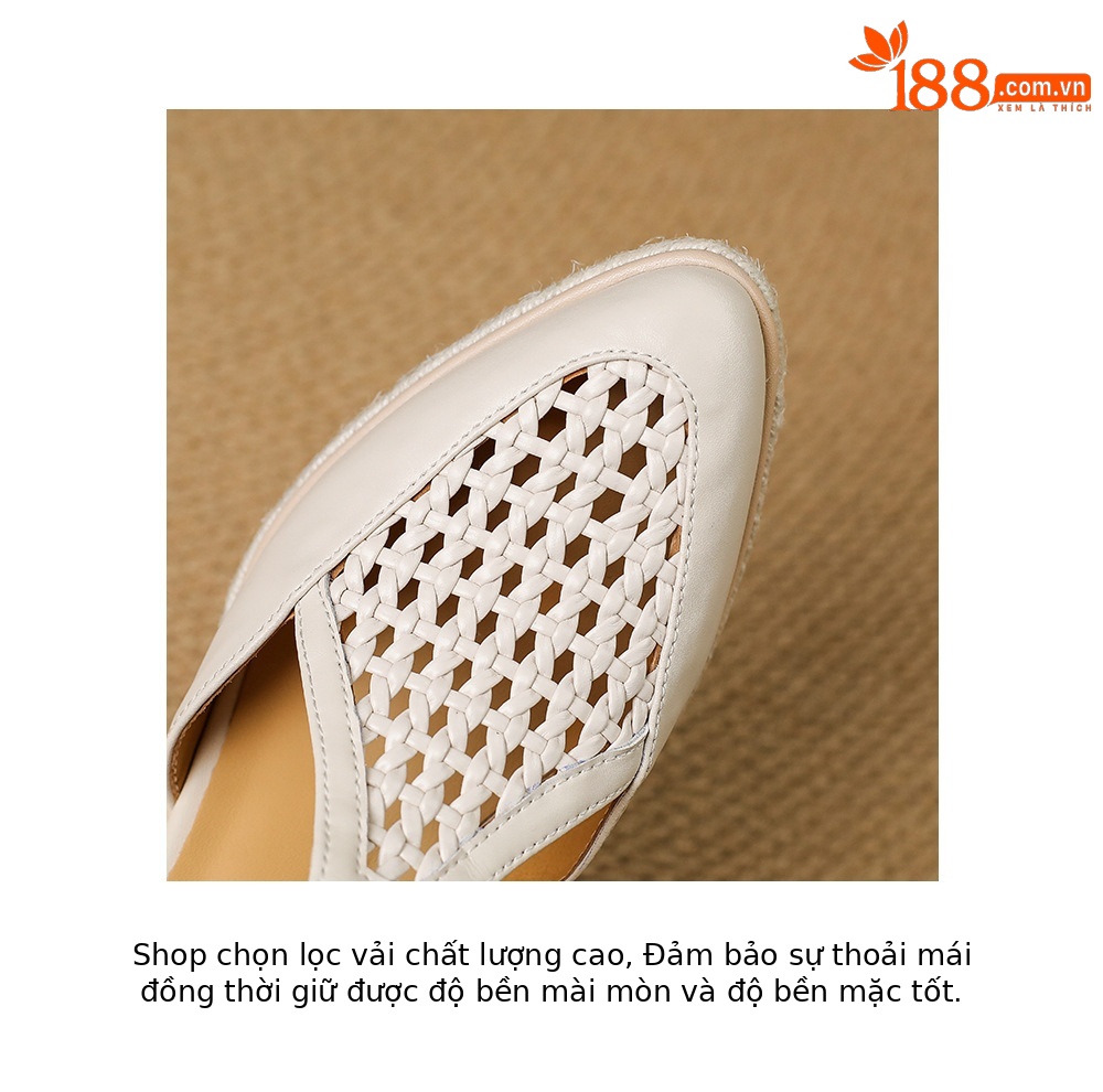 Sandal cao gót nữ hở mũi đế xuồng đan rơm, quai chữ T kiểu La Mã, gót 7.5 cm — màu trắng ngà, bạc chi tiết 16