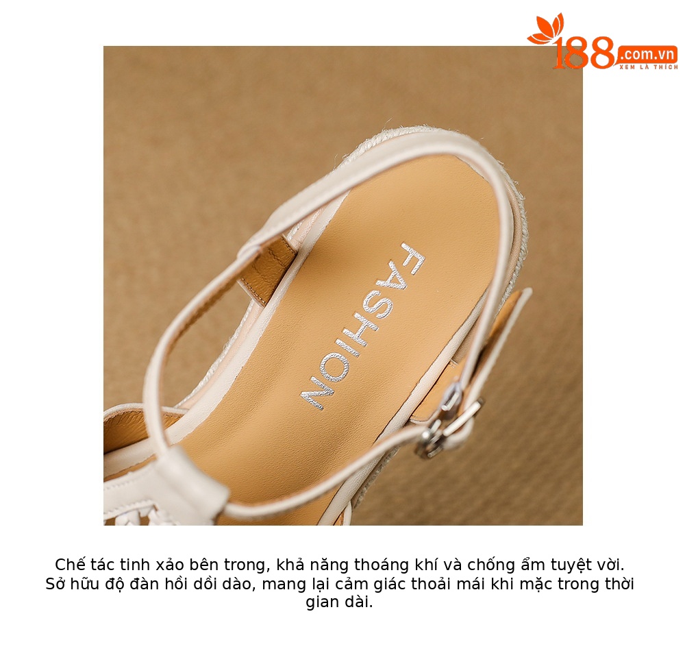 Sandal cao gót nữ hở mũi đế xuồng đan rơm, quai chữ T kiểu La Mã, gót 7.5 cm — màu trắng ngà, bạc chi tiết 17
