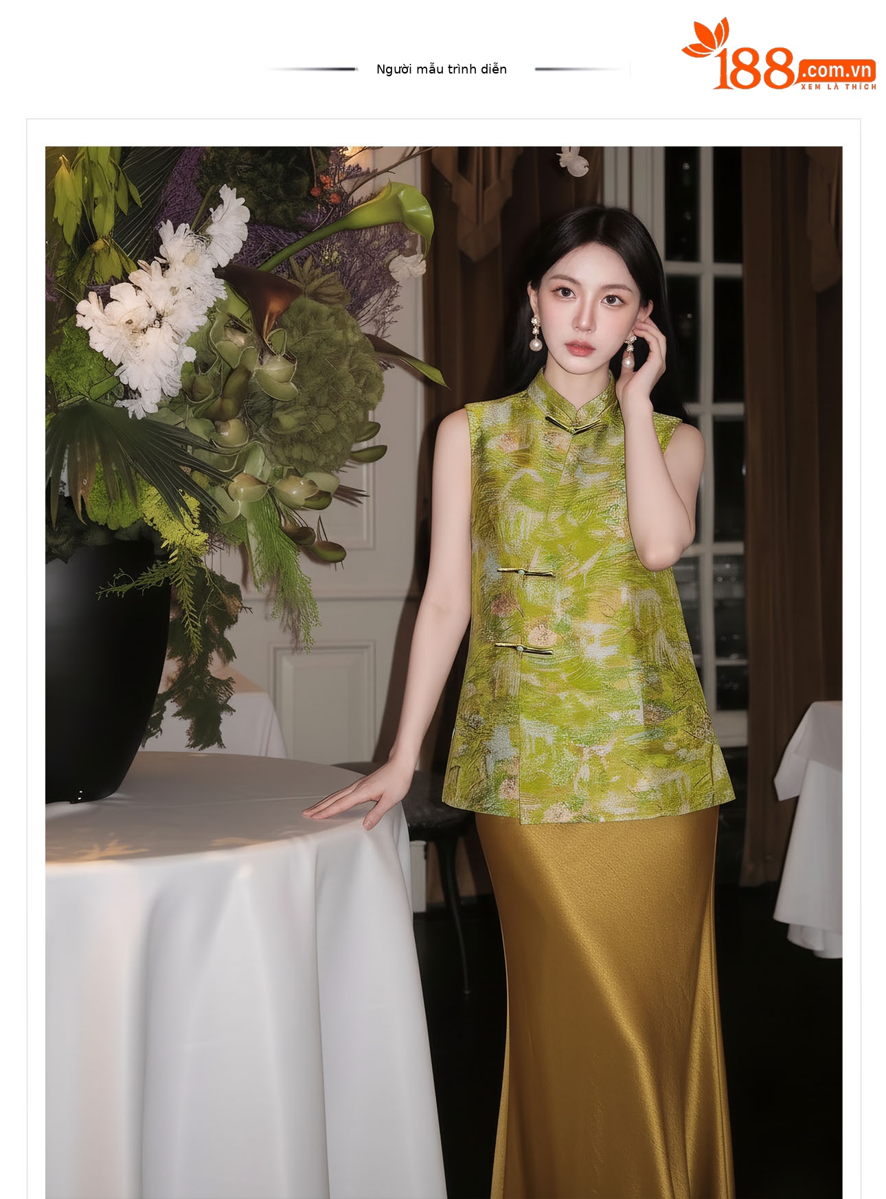 Áo hai dây nữ phong cách Trung Hoa thêu hoa, cúc bấm, chất liệu satin mềm mại — Xanh lá cây nhạtcolor chi tiết 1