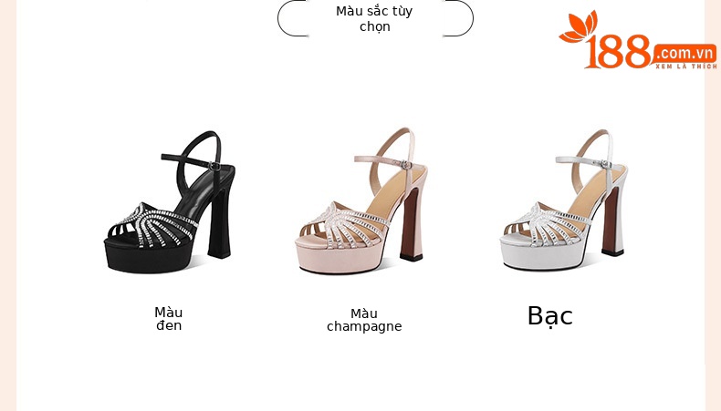 Sandal cao gót nữ hở mũi đính đá, gót vuông platform, da thật — Champagne màu chi tiết 2