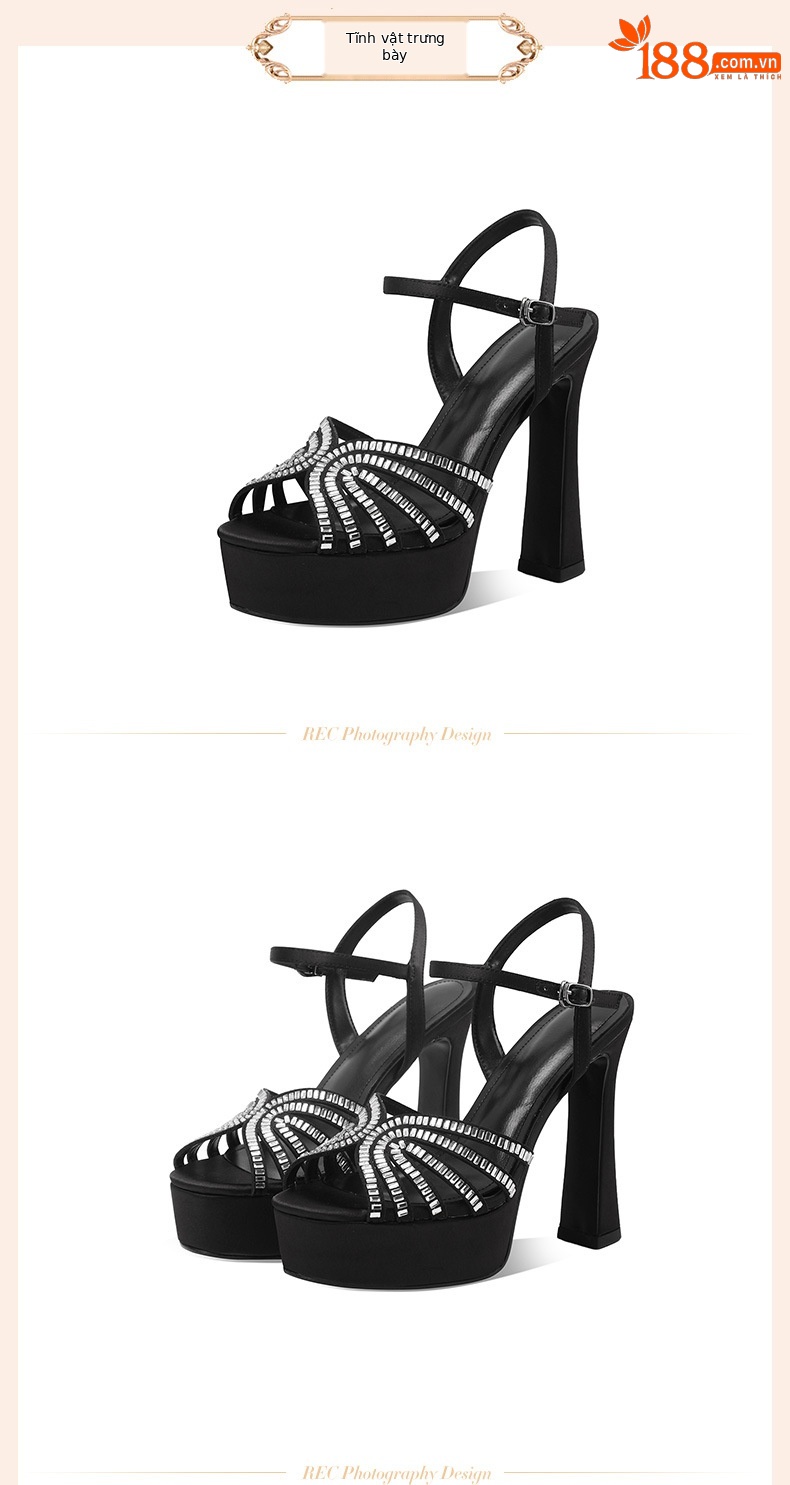 Sandal cao gót nữ hở mũi đính đá, gót vuông platform, da thật — Champagne màu chi tiết 11