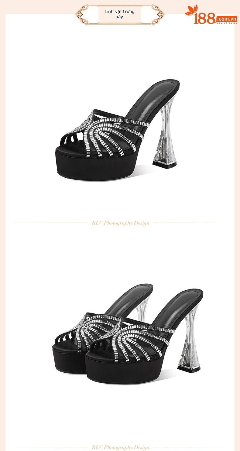 Sandal cao gót nữ hở mũi đính pha lê, gót 9 cm, đế platform, mũi tròn — đen chi tiết 11