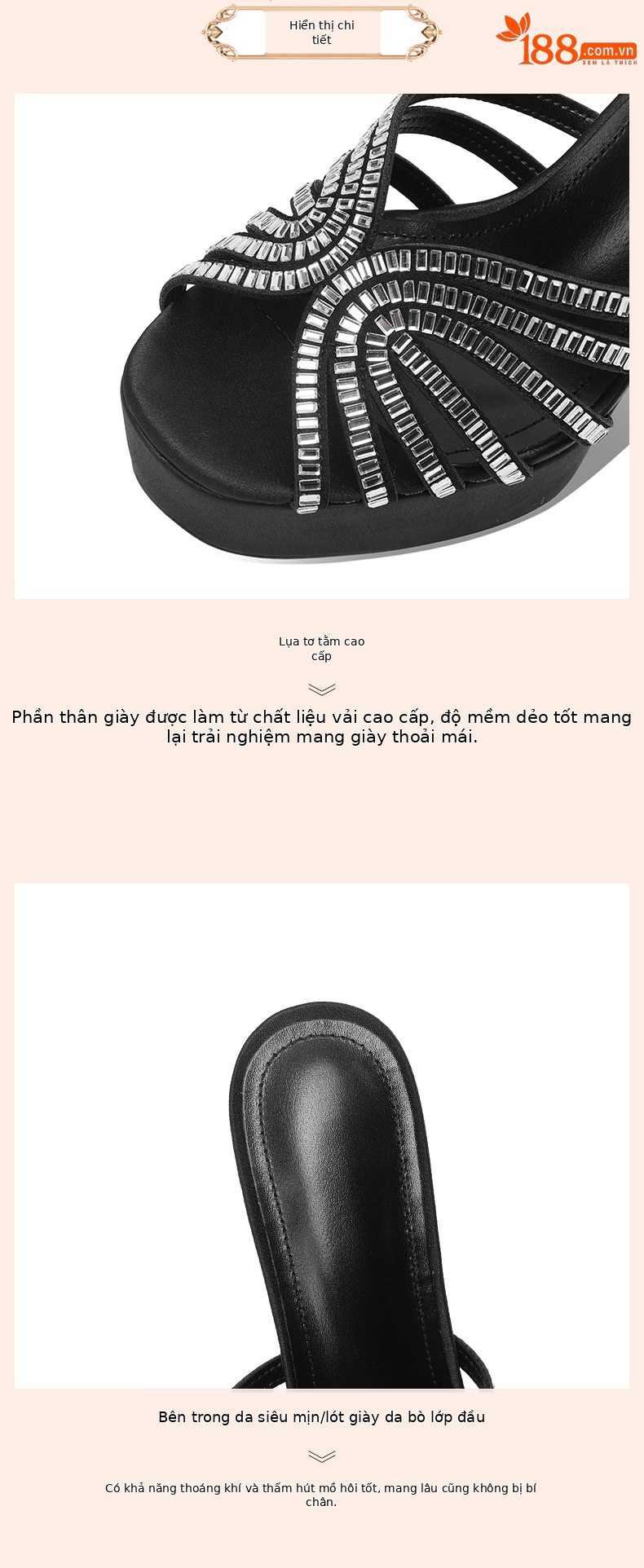 Sandal cao gót nữ hở mũi đính pha lê, gót 9 cm, đế platform, mũi tròn — đen chi tiết 3