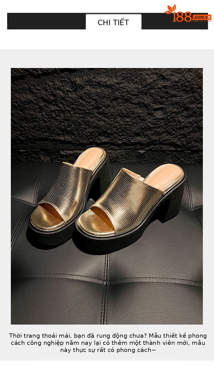 Sandal cao gót nữ hở mũi quai ngang đế xuồng gót vuông 9 cm — màu đen, màu vàng, bạc chi tiết 2