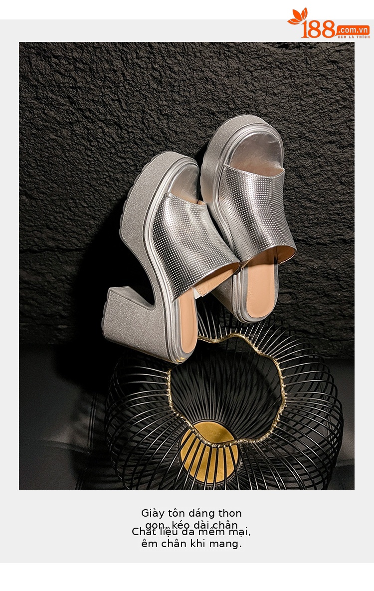 Sandal cao gót nữ hở mũi quai ngang đế xuồng gót vuông 9 cm — màu đen, màu vàng, bạc chi tiết 3