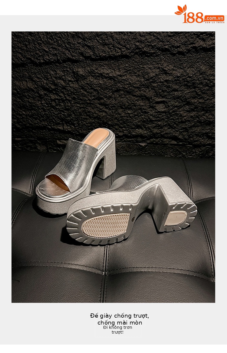 Sandal cao gót nữ hở mũi quai ngang đế xuồng gót vuông 9 cm — màu đen, màu vàng, bạc chi tiết 5