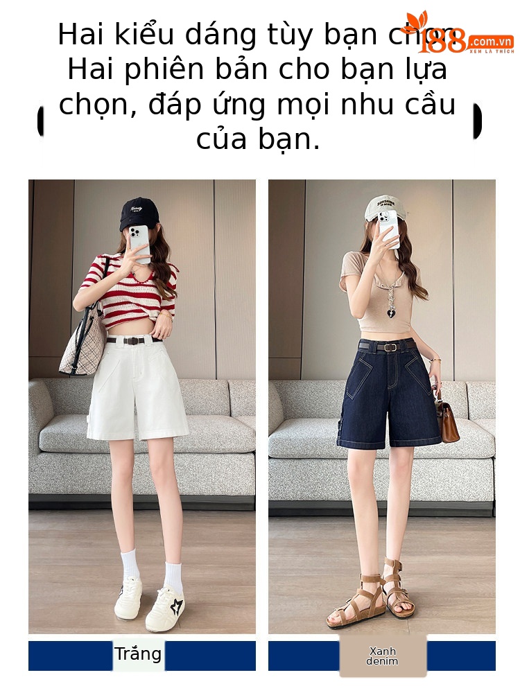 Quần jean nữ ống rộng cạp cao dáng suông — Trắng với vành đai