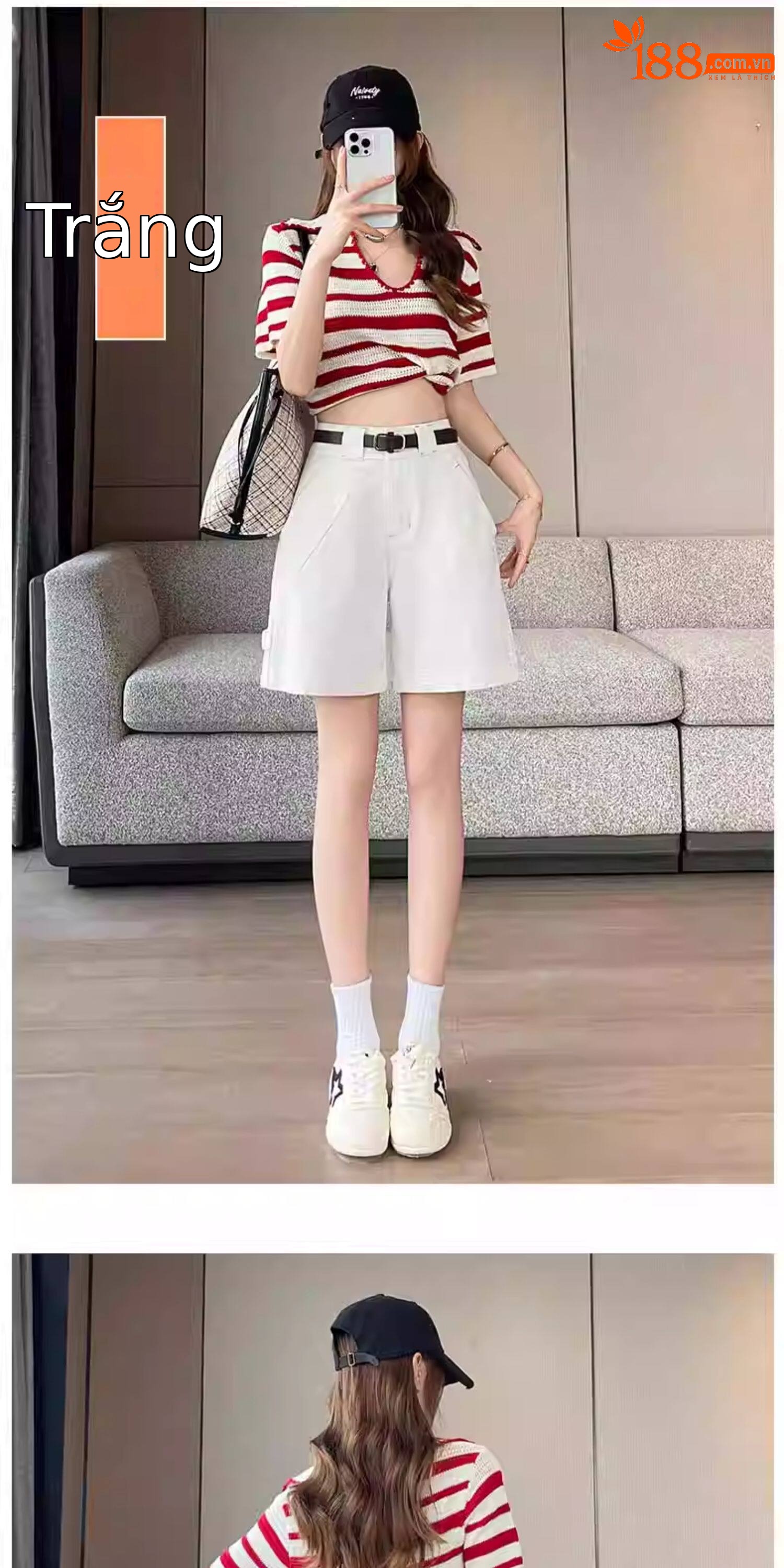 Quần jean nữ ống rộng cạp cao dáng suông — Trắng với vành đai chi tiết 12