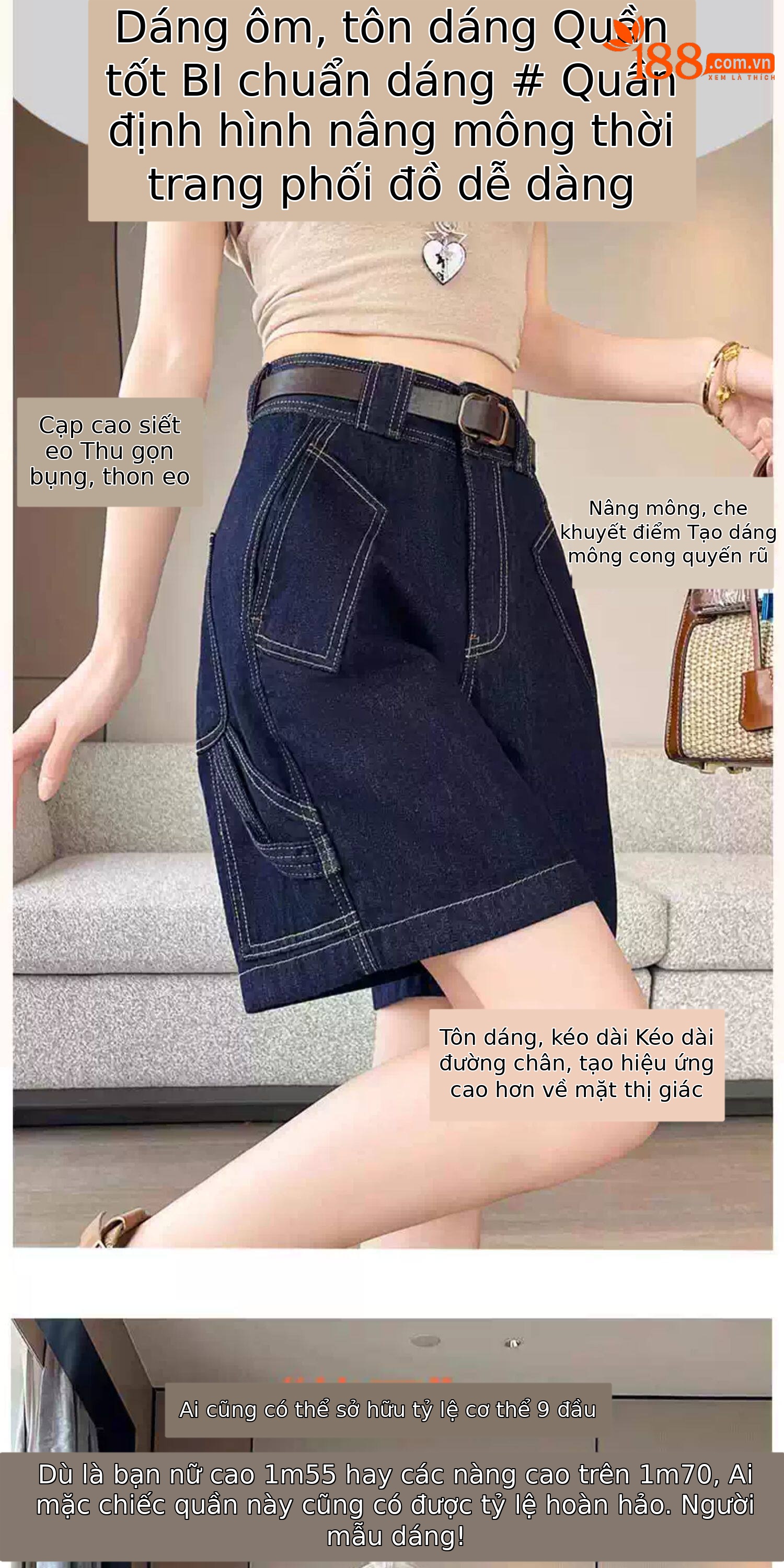 Quần jean nữ ống rộng cạp cao dáng suông — Trắng với vành đai chi tiết 4