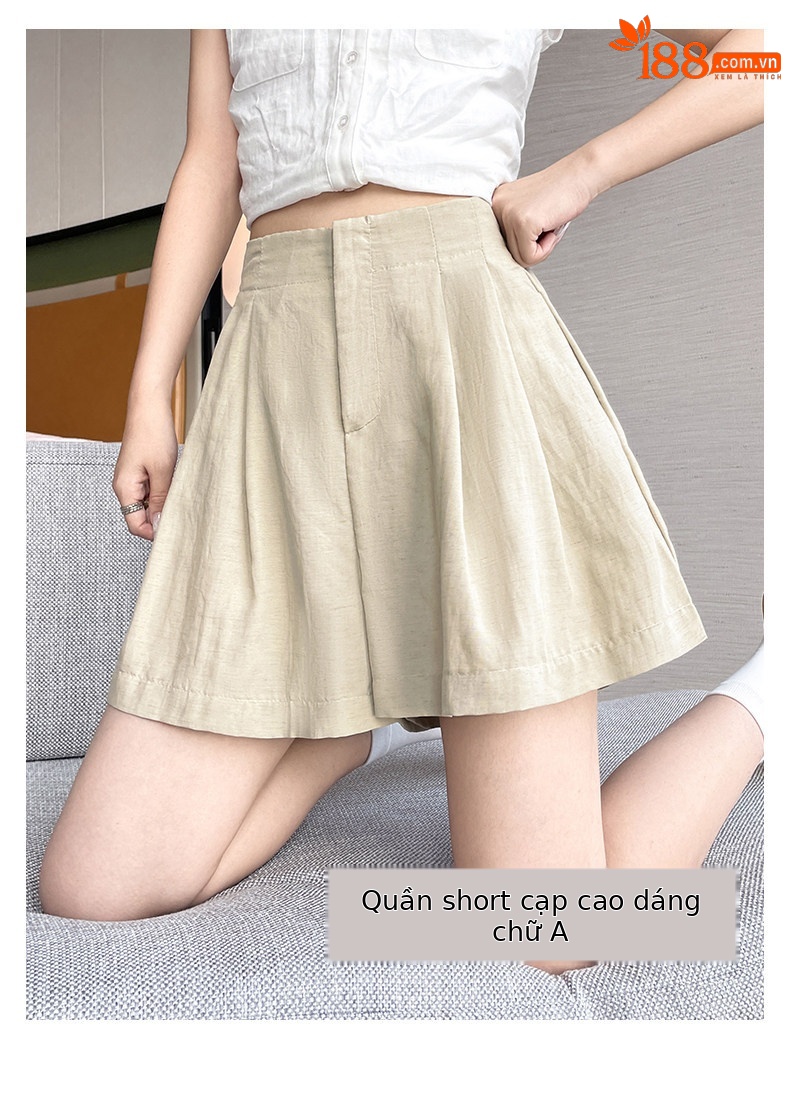 Quần short nữ vải lanh cạp cao ống rộng dáng suông mùa hè — màu đen chi tiết 2