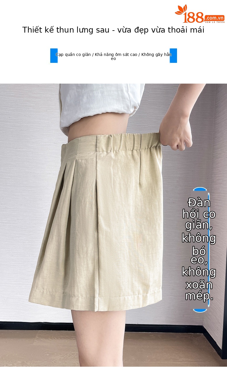 Quần short nữ vải lanh cạp cao ống rộng dáng suông mùa hè — màu đen chi tiết 8