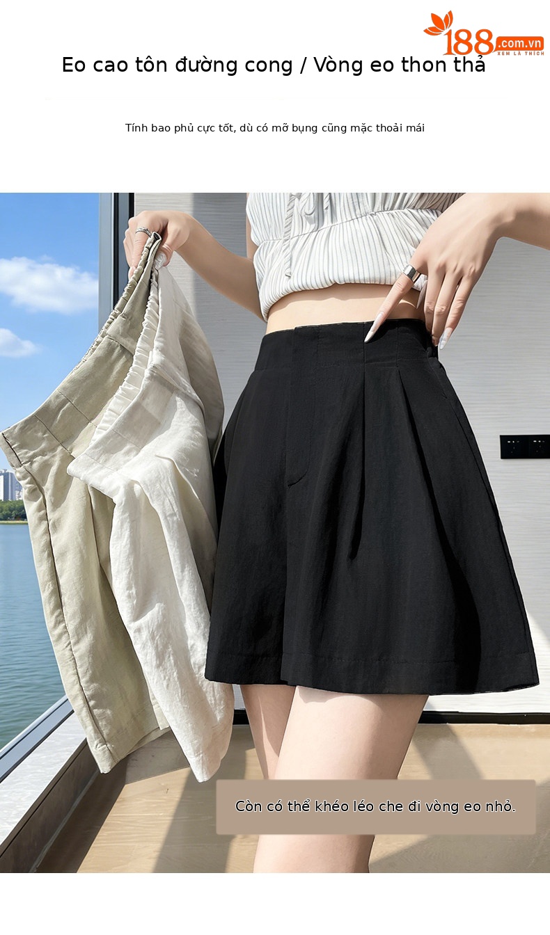 Quần short nữ vải lanh cạp cao ống rộng dáng suông mùa hè — màu đen chi tiết 11