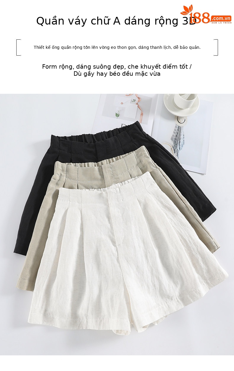 Quần short nữ vải lanh cạp cao ống rộng dáng suông mùa hè — màu đen chi tiết 12